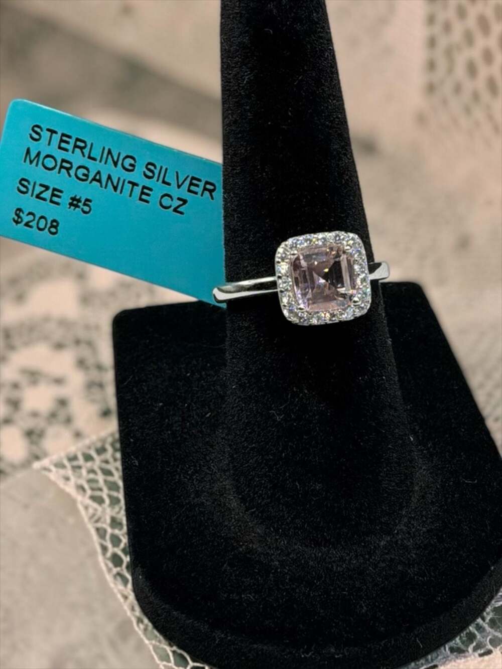 Sterling Silver Cushion Cut Pink Morganite CZ Halo Ring Size 5